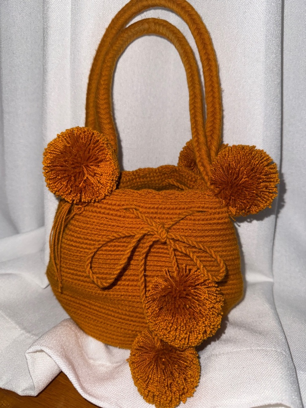 Handmade Pom-Pom Knit Bucket Bag in Burnt Orange